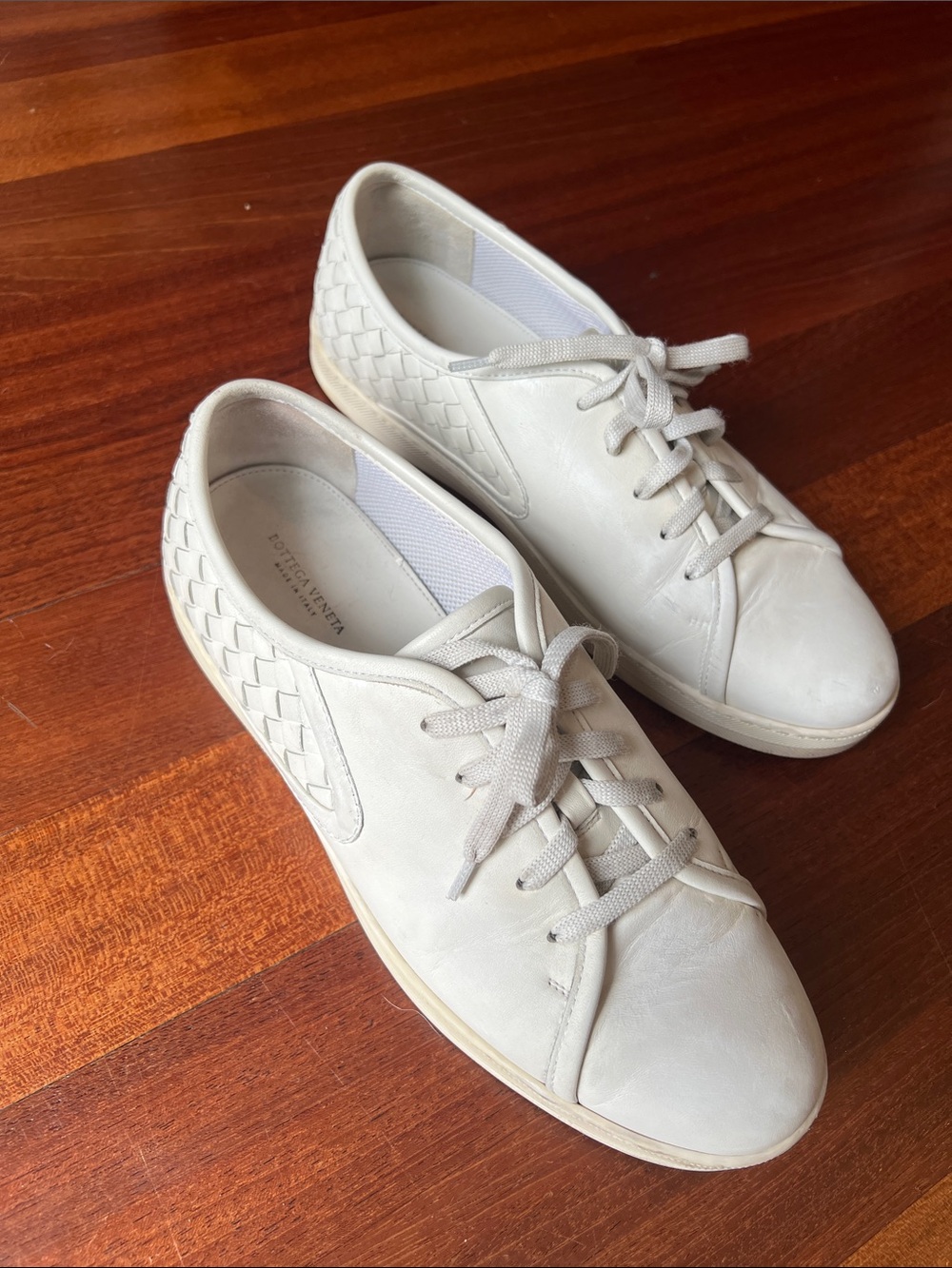 Bottega Veneta Cream Leather Woven-Panel Lace-Up Sneakers